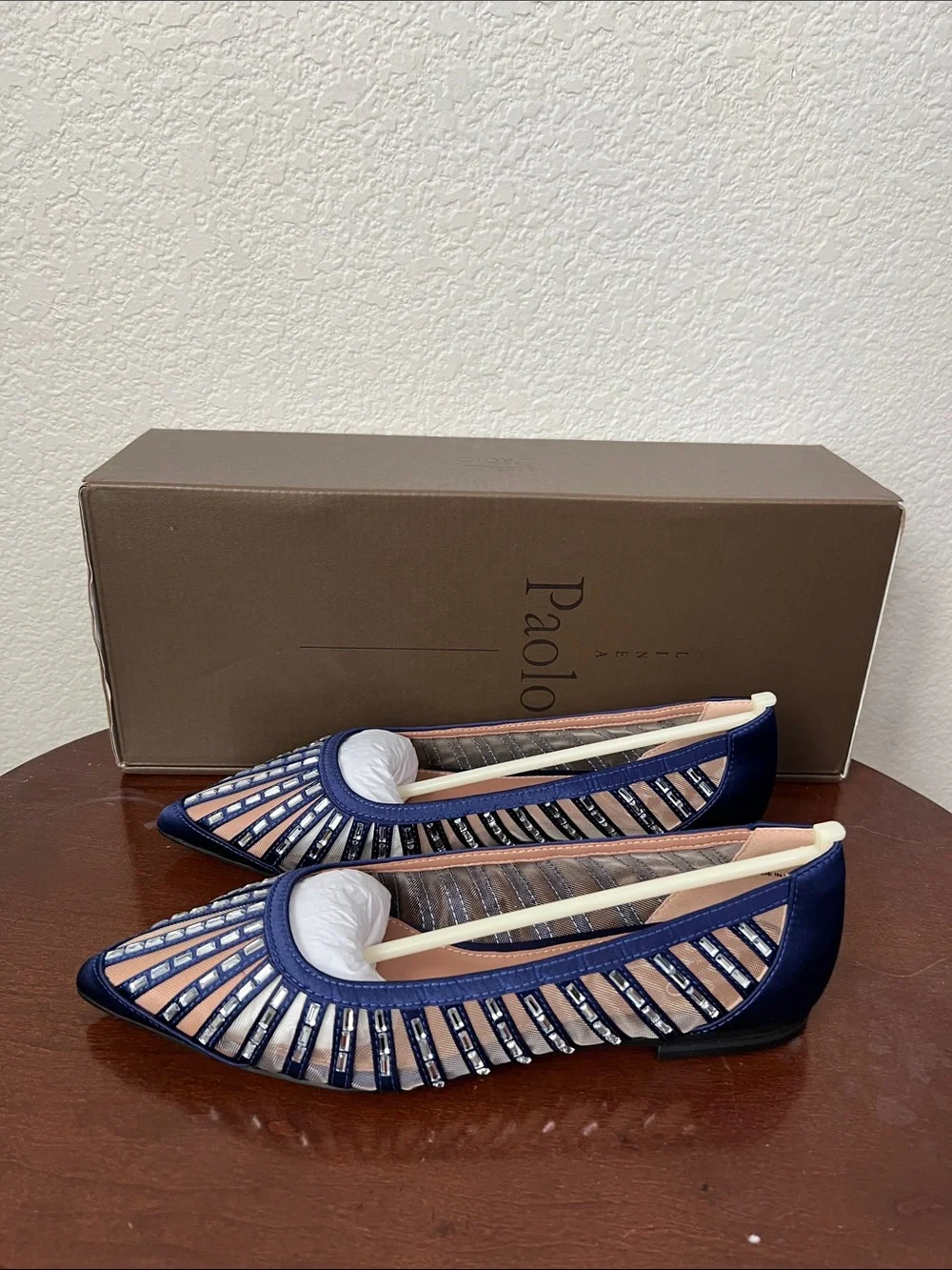 Linea Paolo Noelle Navy Blue Satin Crystal Embellished Flat Dress Shoe Size 5